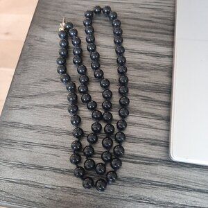 Vintage Monet Black Glass Bead Necklace individualy knotted Gold-Tone Clasp 24"